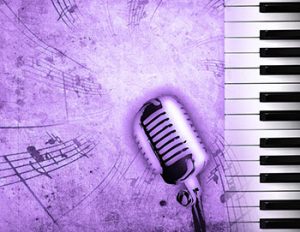 Ilustración con micrófono y teclado sobre partitura